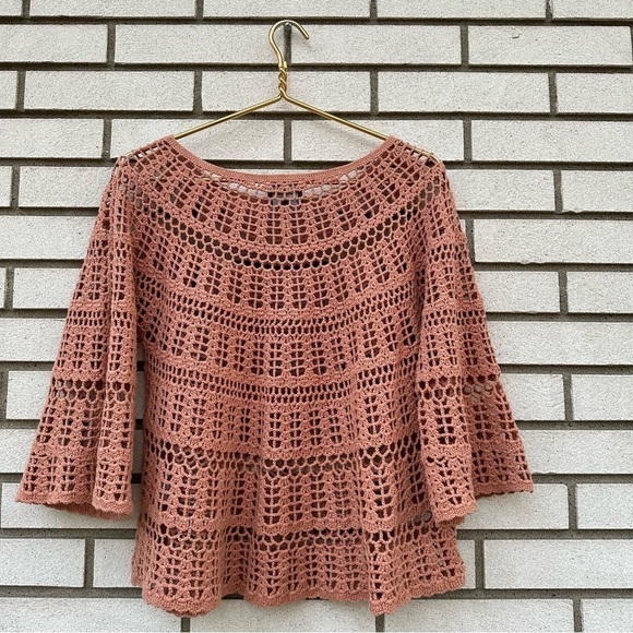 Leo & Sage Chai Peach Crochet Bell Sleeve Pullover Sweater Boho 100% Cotton Sz S - Picture 3 of 9
